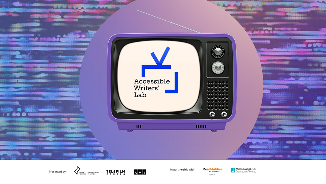 Accessible writers' lab logo on a tv with partner logos below.