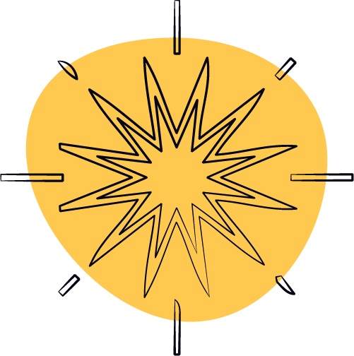 Shining star line art on a yellow abstract circle.