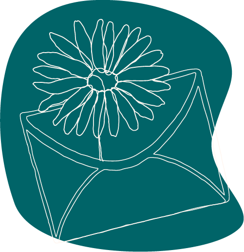 Sunflower envelope line art on an abstract teal blob.