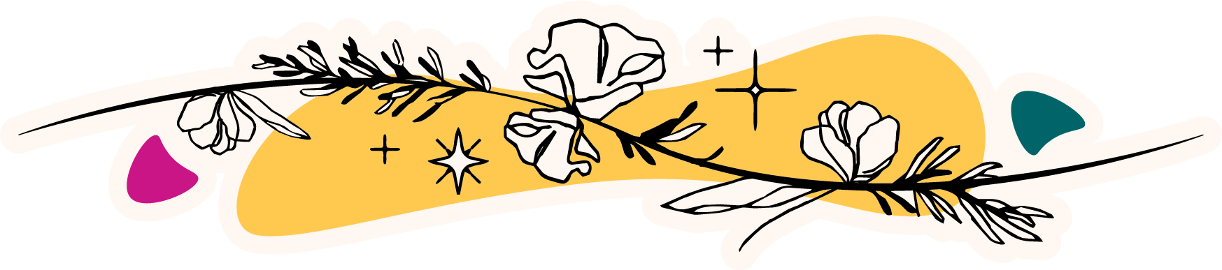 Weeds and foliage line art divider with stars. Background blobs in yellow, pink, and teal.