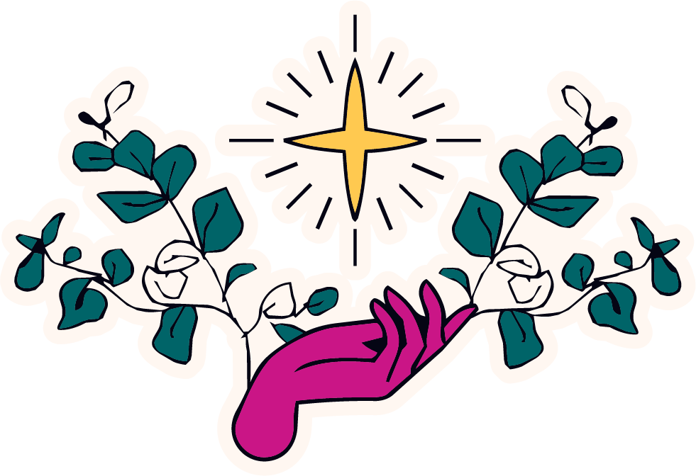 Vector art. Pink hand below a yellow star. Teal foliage on either side.